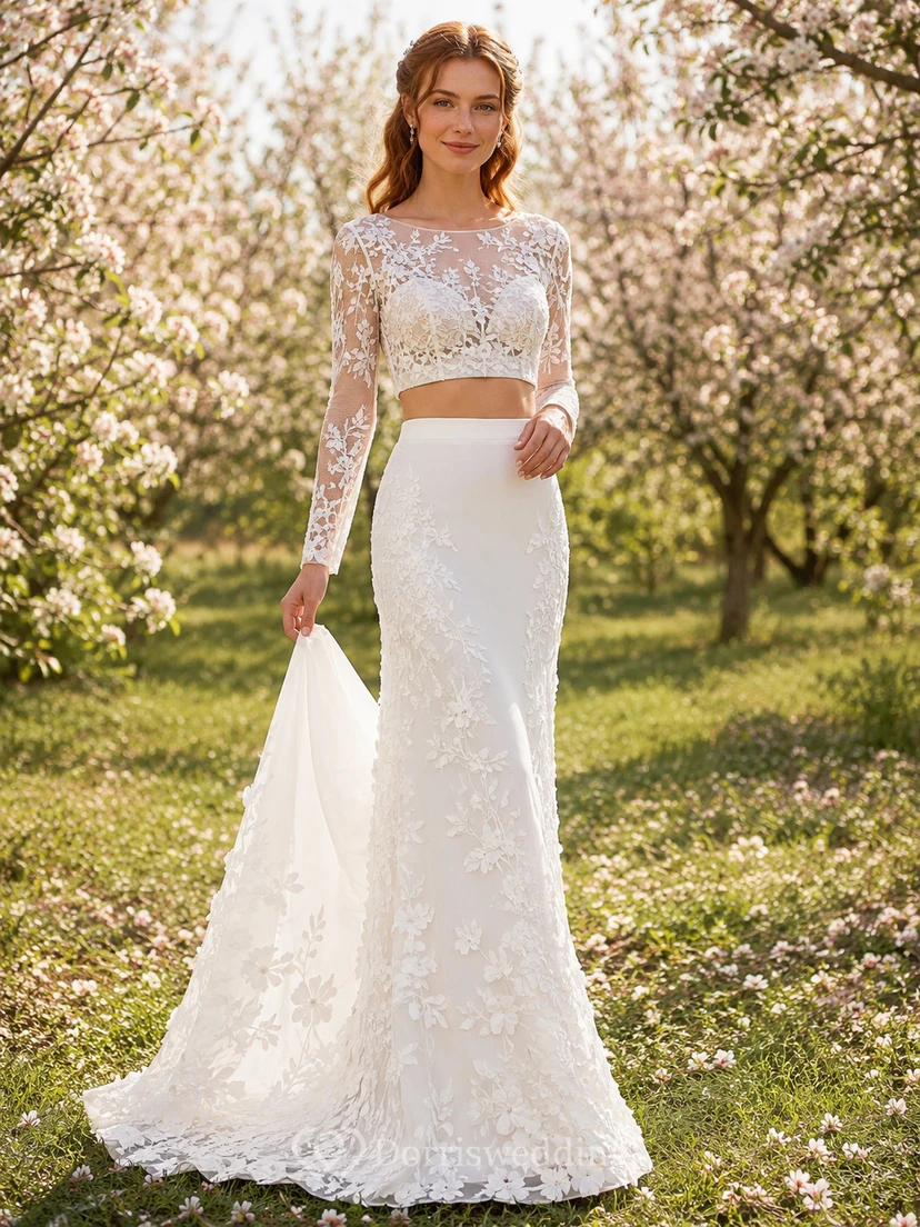 Two Piece Long Sleeve Floral Lace Garden Mermaid Gown