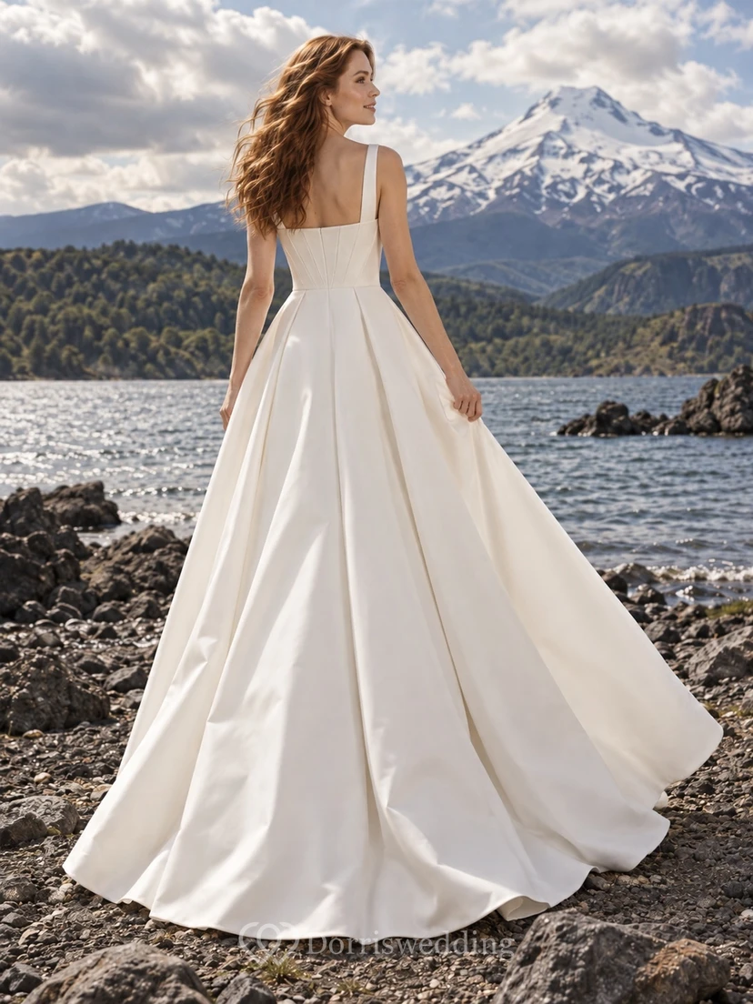 Vestido de novia sencillo de corte A, sin mangas, de satén de algodón con escote en V y falda plisada. view 2