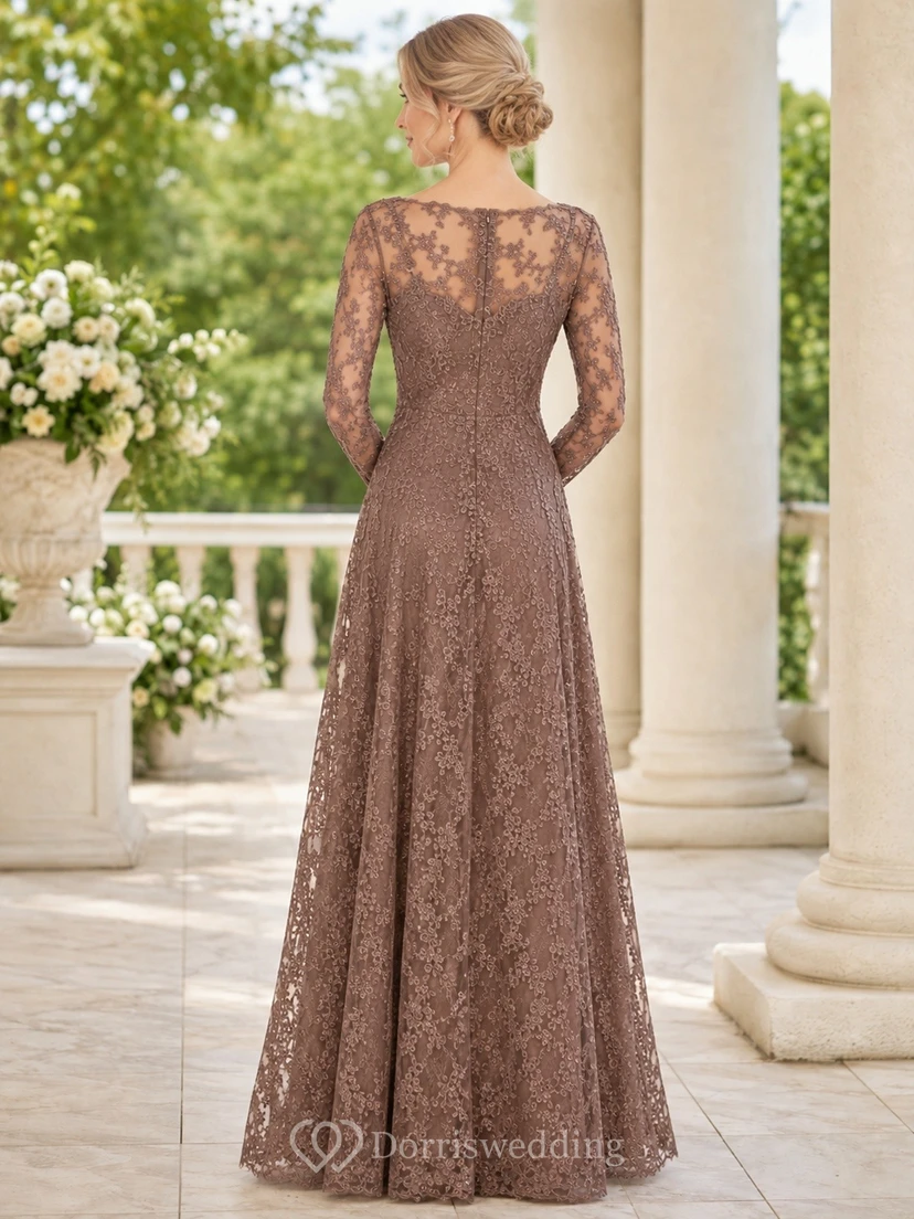 Brown Romantic Elegant Jewel Long-Sleeve Lace A-Line Floor-Length Formal Dress view 2