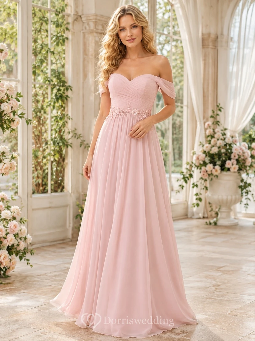 Romantic Blush Off Shoulder Sweetheart Chiffon A-Line Formal Dress