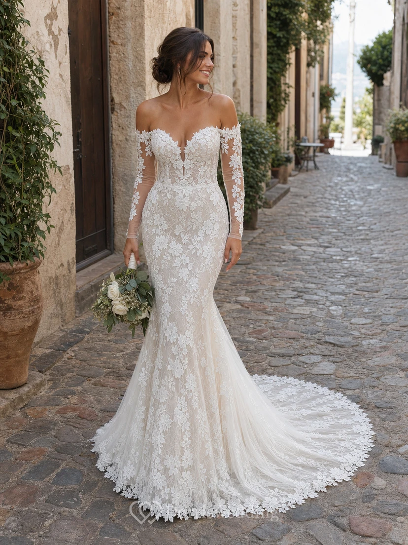 Vestido de novia elegante de encaje estilo sirena con mangas largas, escote de hombros descubiertos y efecto ilusión. view 10