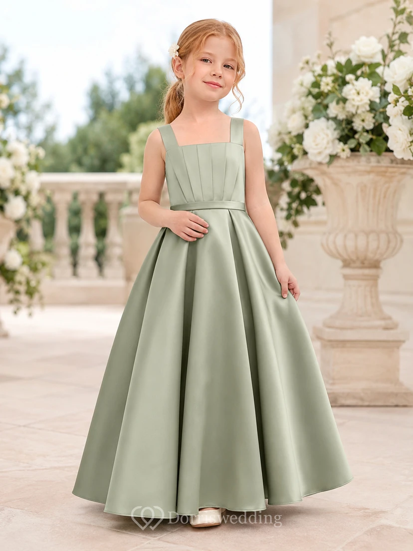 Elegant A-Line Flower Girl Dress with Square Neck Sleeveless Sage Satin Floor Length Reception