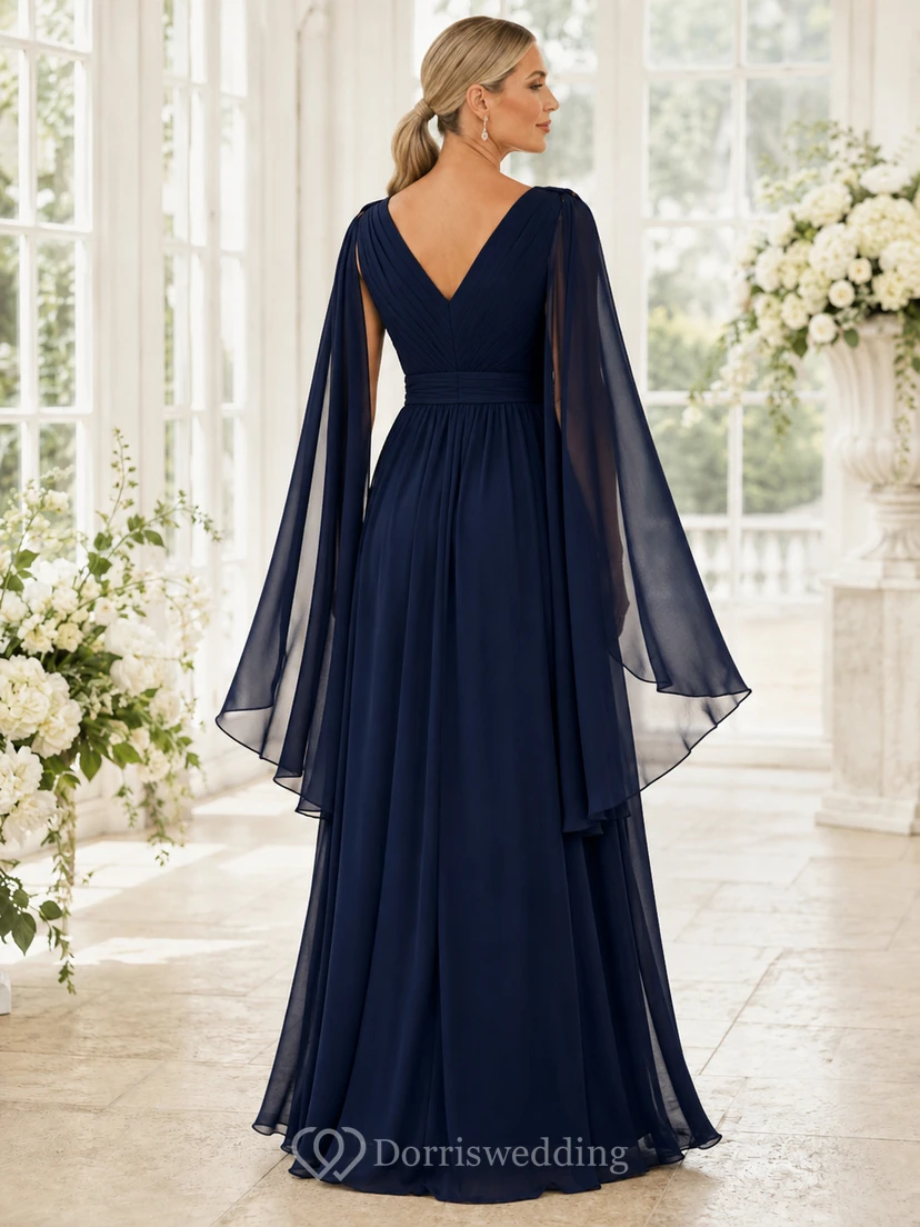 Dark Navy V Neck Cape Sleeve Chiffon Empire Floor Maternity Guest Gown view 2