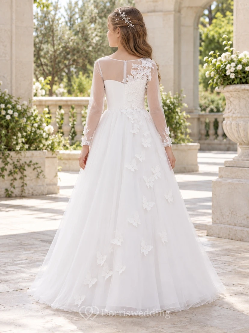 Long Sleeve White Illusion Butterfly Floor-length Organza Flower Girl Dress view 2