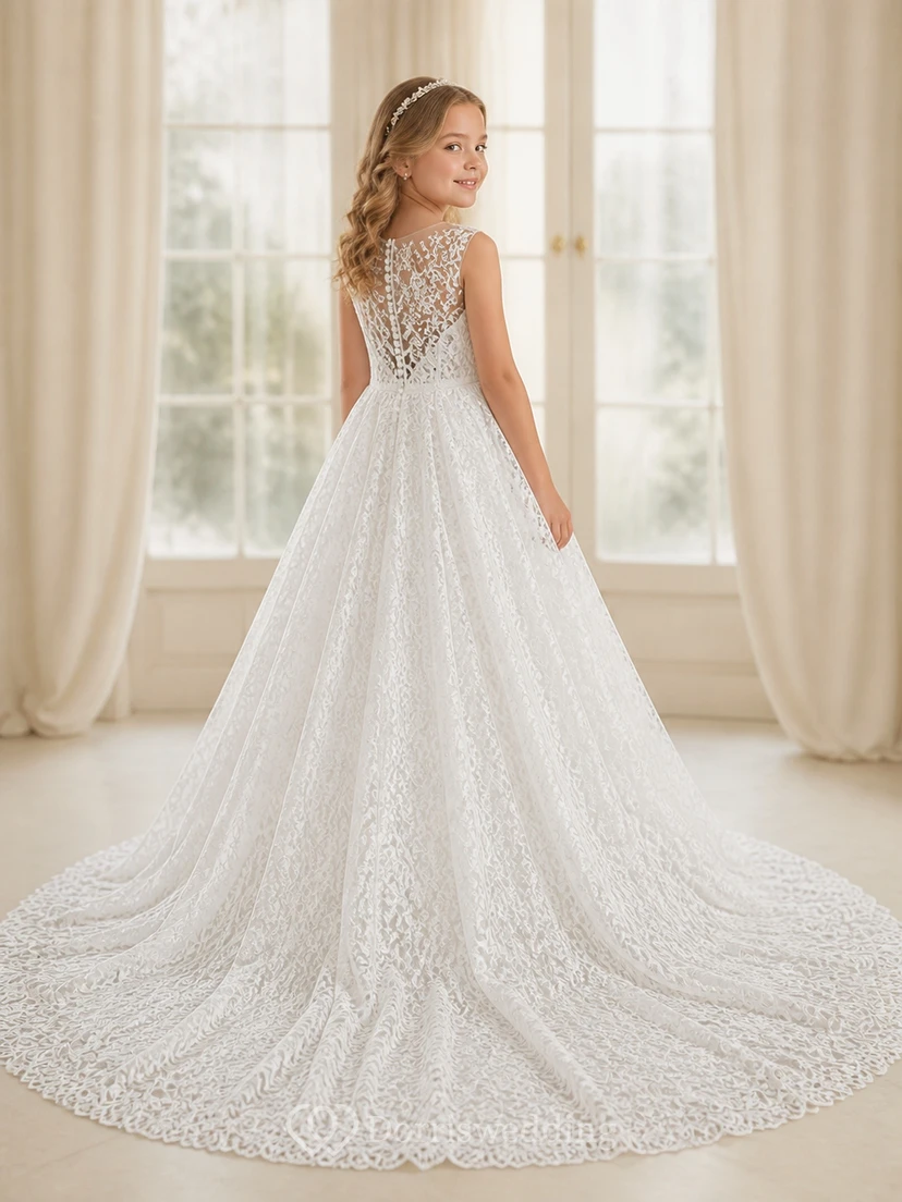 Princess A-Line Scoop Sleeveless Floral Lace Cathedral Train Flowergirl Dress view 2