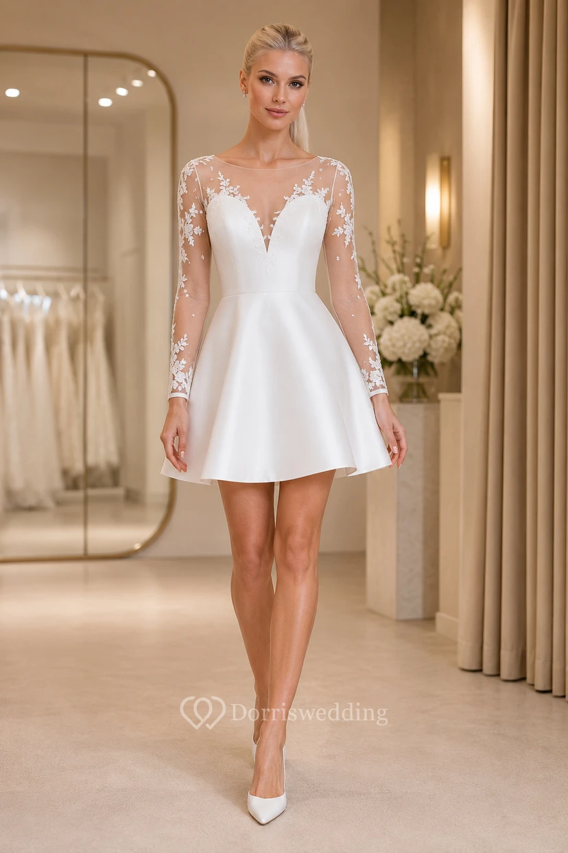 Robe de mariée courte en dentelle à manches longues et col en V