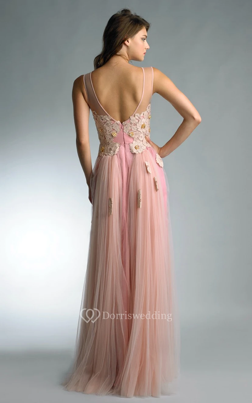 A-line Floor-length Jewel Sleeveless Tulle Low-V Back Dress view 2