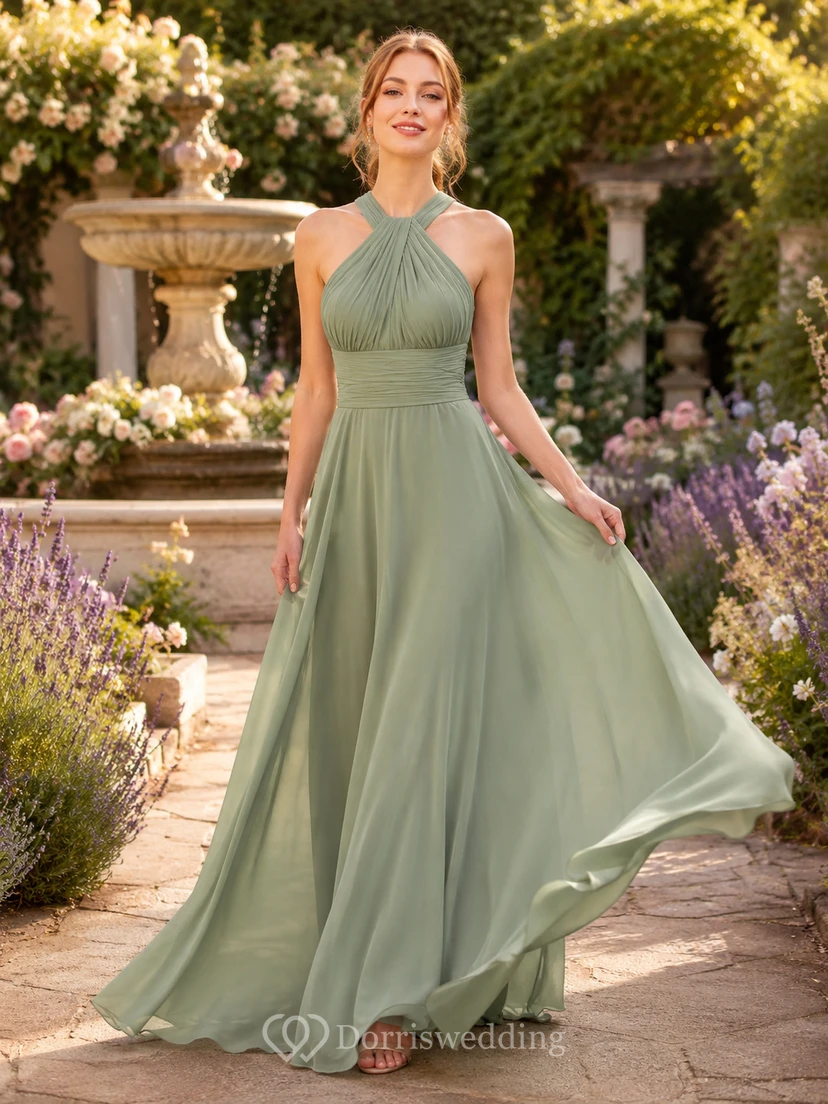 Sage halter chiffon A-line floor length garden bridesmaid dress