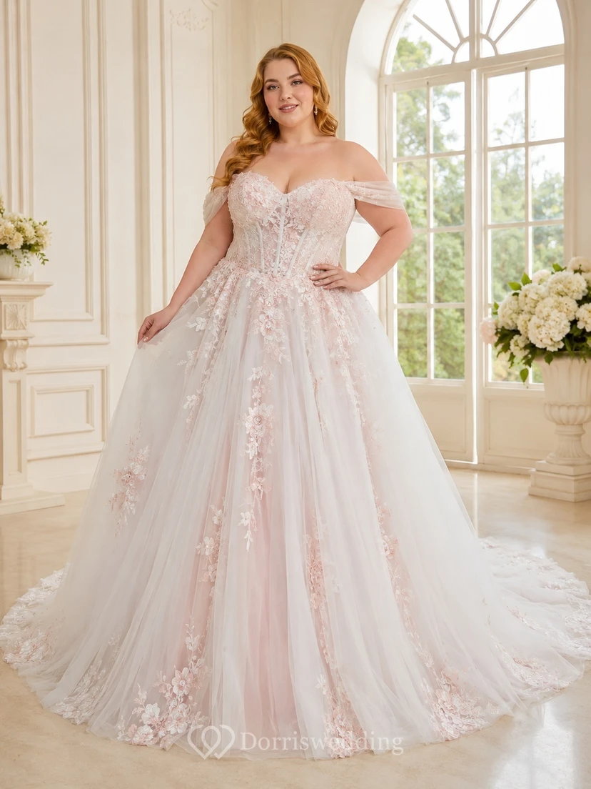 Rosafarbenes, schulterfreies Spitzenballkleid in Übergröße mit Schleppe – Hochzeitskleid