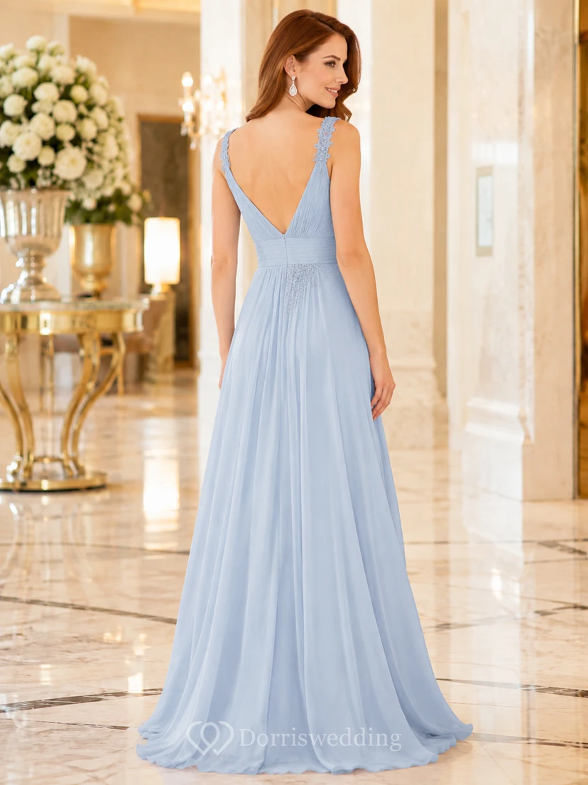 Light Blue V Neck Chiffon A Line Bridesmaid Dress view 2