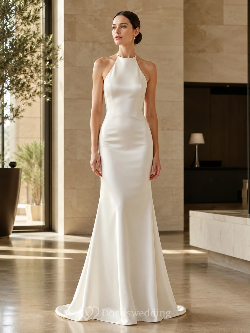 Sleek Civil Satin Mermaid Halter High Neck Floor Train Wedding Gown