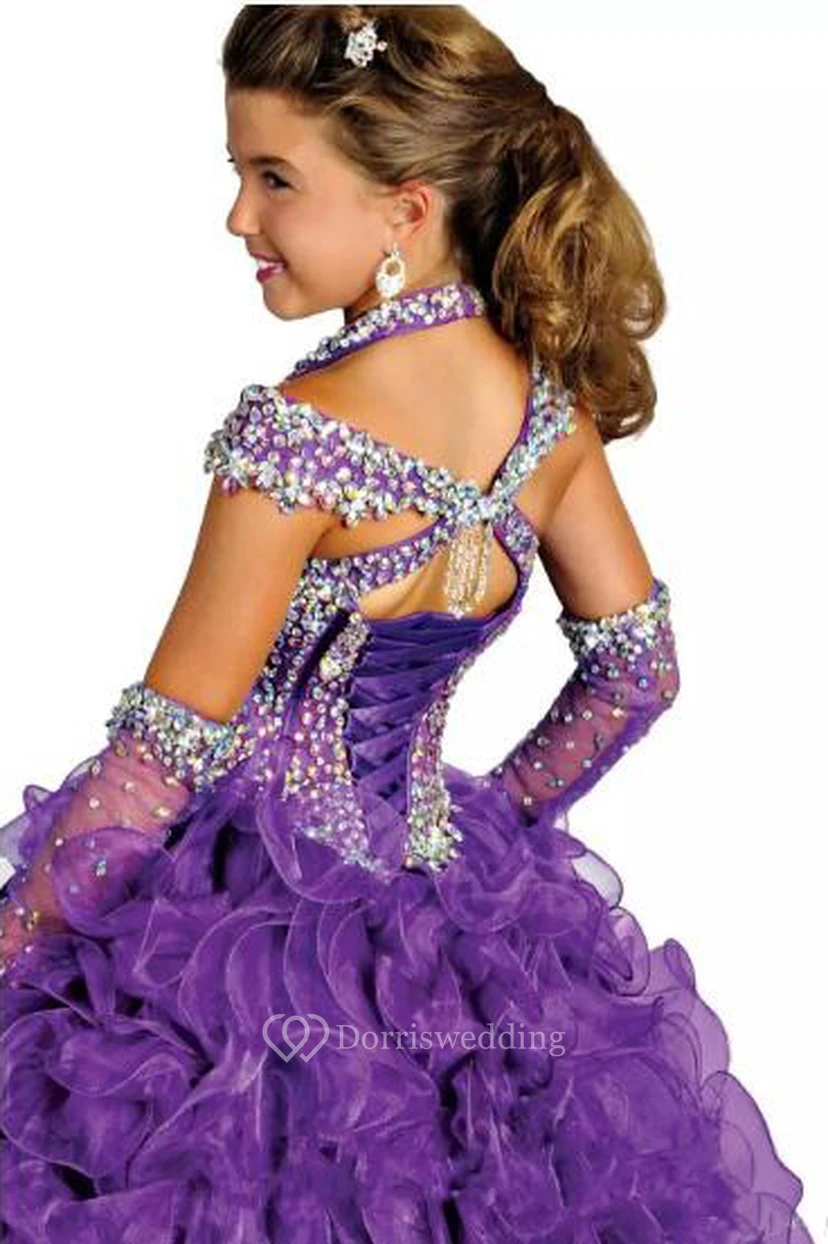 Ruffle Ball Gown Halter Corset Flower Girl Dress with Beading view 4
