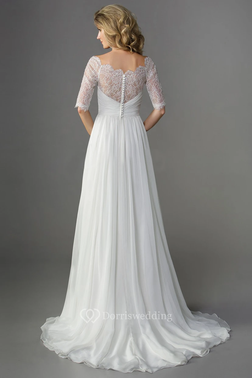 Half-Sleeved A-Line Chiffon Wedding Dress With Illusion Lace Detail view 2