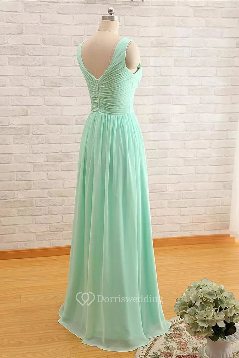 Vestido de dama de honor largo hasta el suelo, sin mangas, de gasa, con escote corazón y corte en A, con cremallera en la espalda. view 5