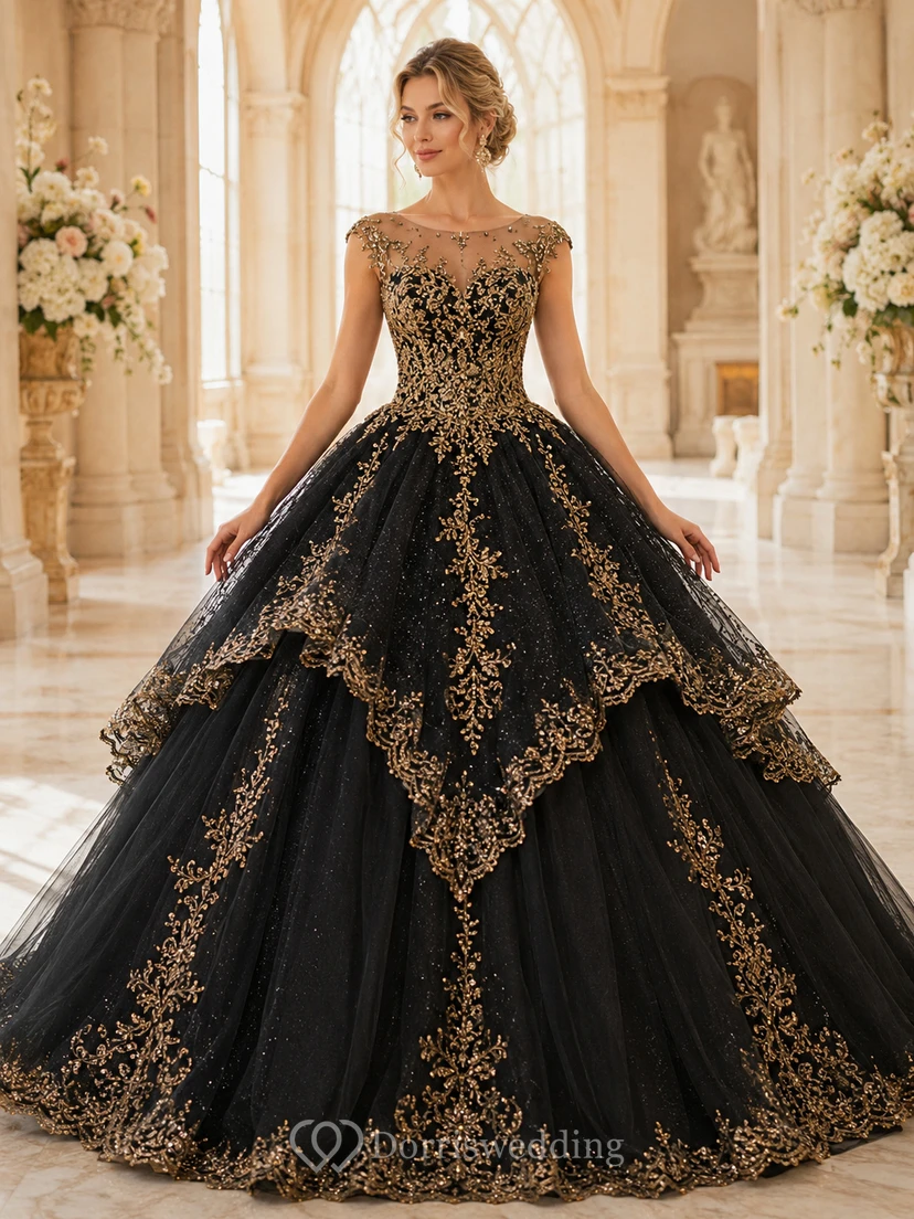 Black Gold Bateau Illusion Layered Embroidered Luxury Princess Quinceanera Ball Gown