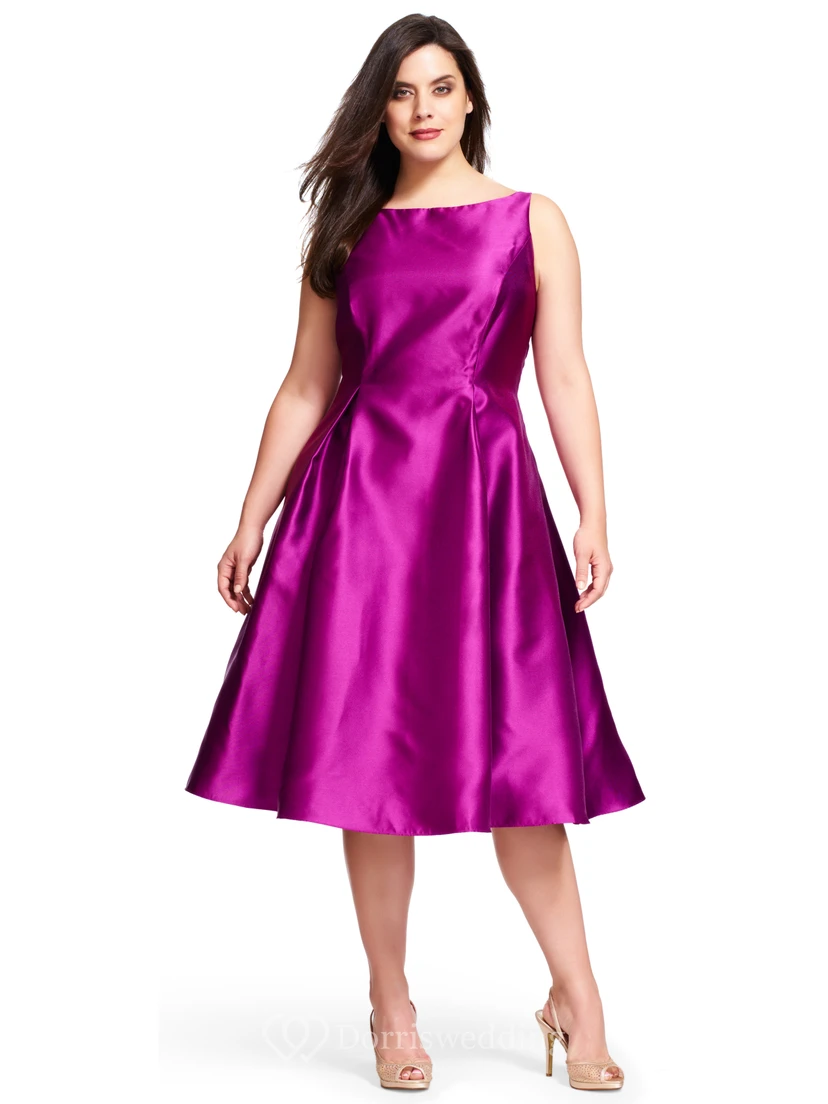A-Line Midi Sleeveless Bateau-Neck Satin Plus Size Bridesmaid Dress