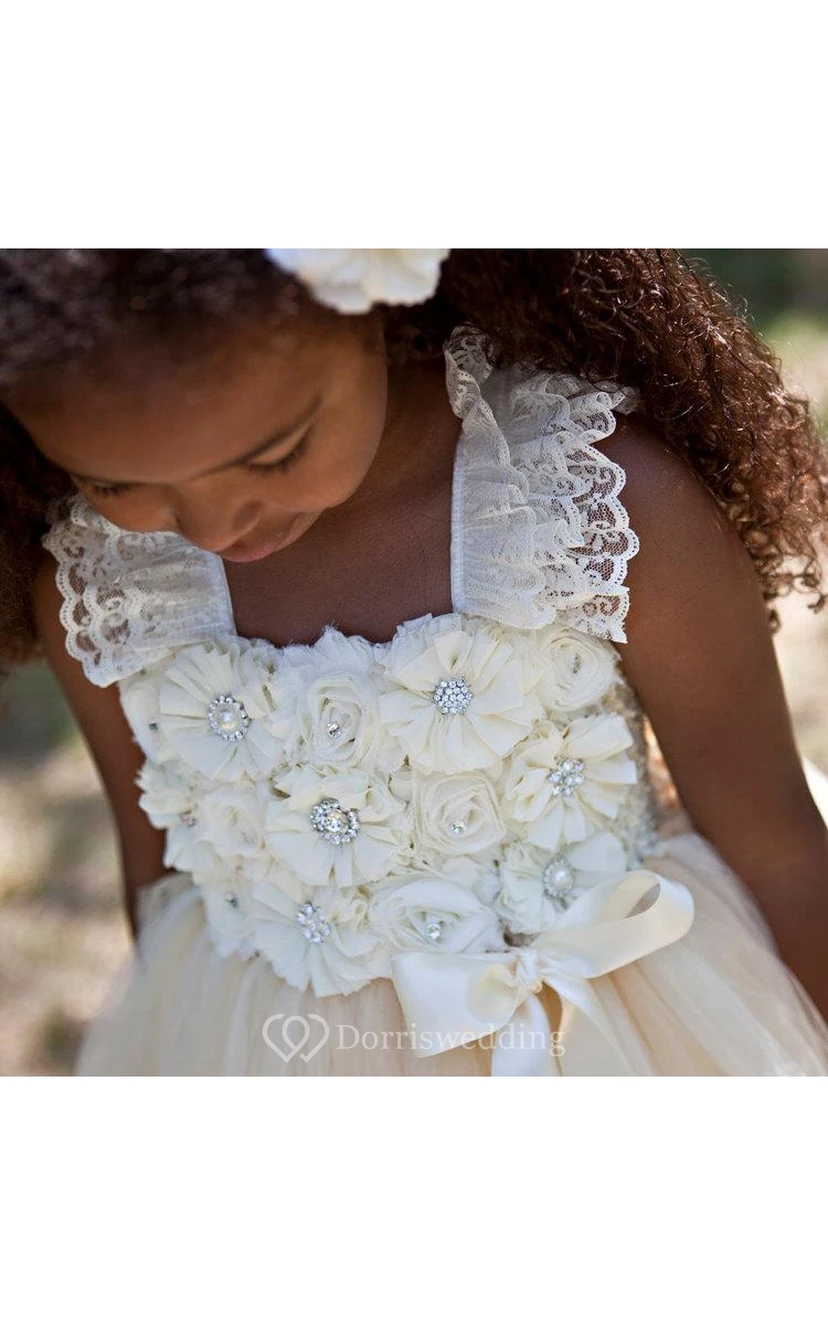Lace Straps Floral Bodice Tulle Ball Gown With Satin Bow Sash view 3