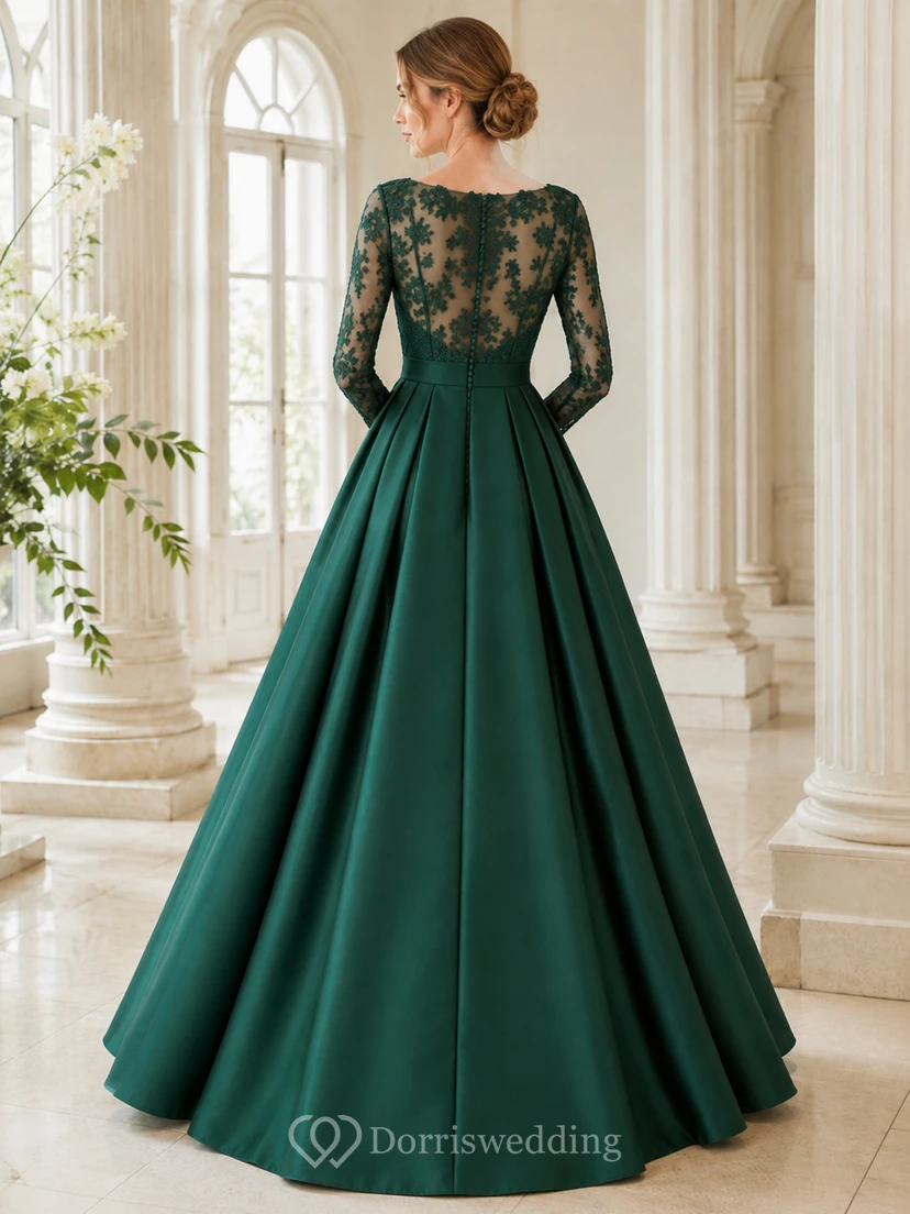 Vestido de gala largo de satén con mangas largas y encaje ilusión verde esmeralda view 2