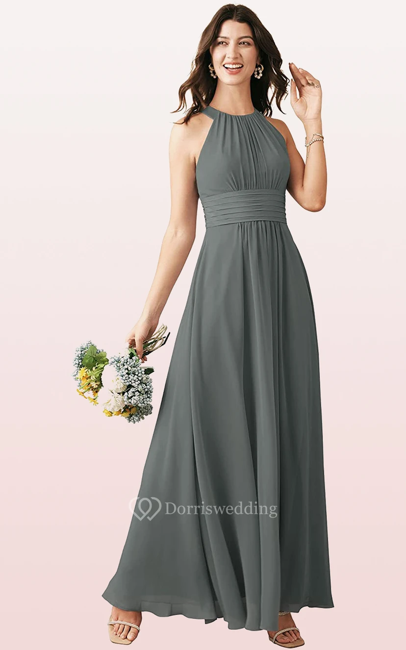 Modern Halter A Line Sleeveless Ankle-length Chiffon Bridesmaid Dress With Ruching view 5