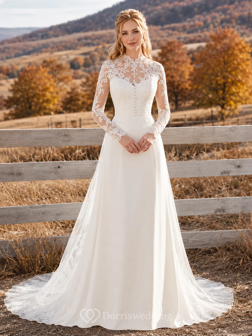 Modest Fall High Neck Long Illusion Lace Sleeve Satin A-Line Chapel Train Wedding Gown
