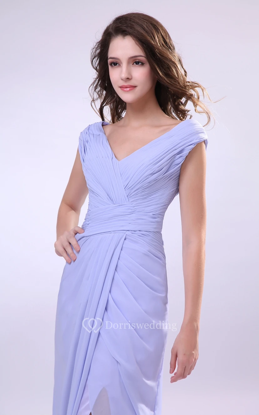 V-Neck Chiffon Pleated Dress With Criss-Cross Ruching and Front Splitting view 3