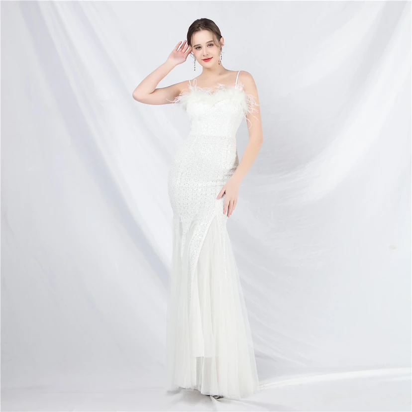 Craft Ostrich Feather Mesh Sequined Long Evening Dress view 4