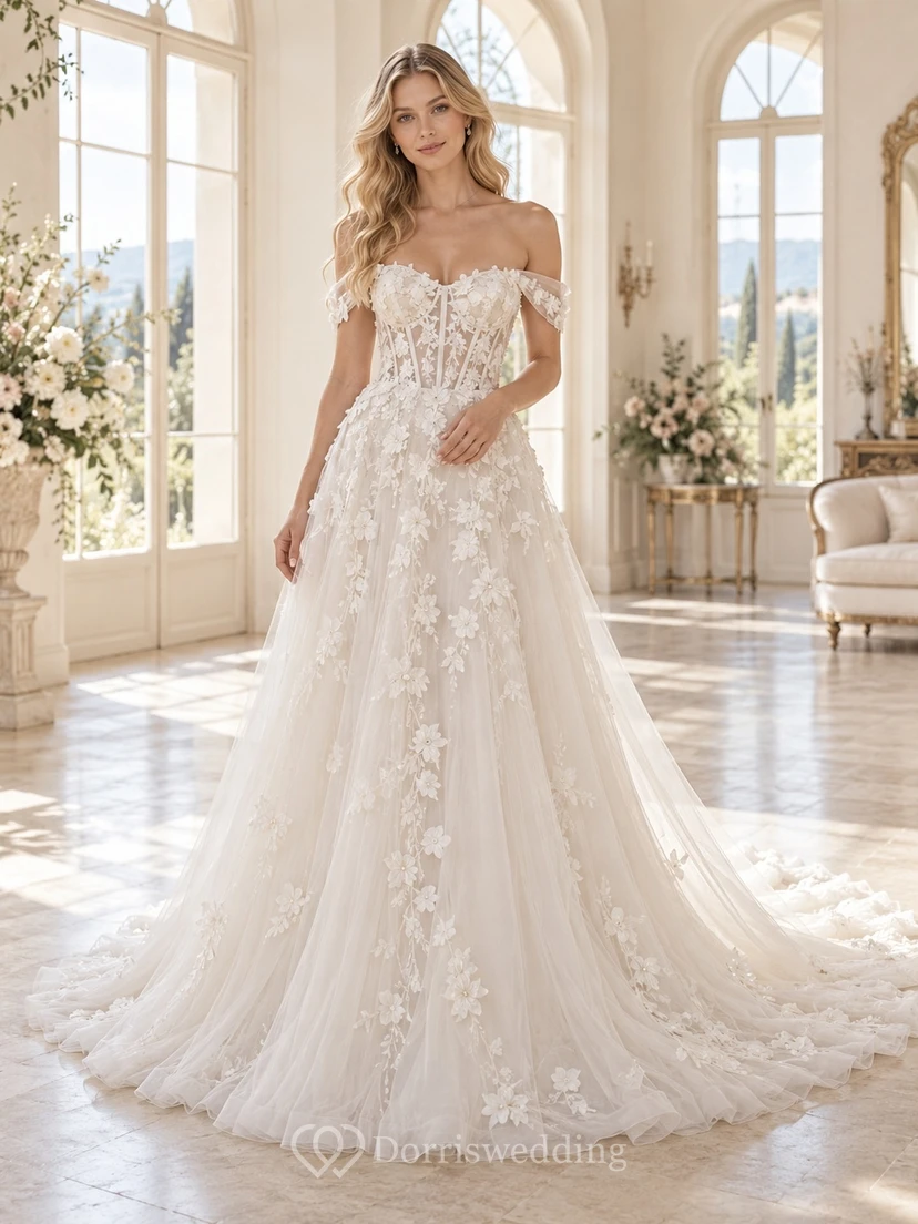 Off Shoulder Floral Tulle A-Line Sweetheart Applique Corset Chapel Train Romantic Wedding Dress