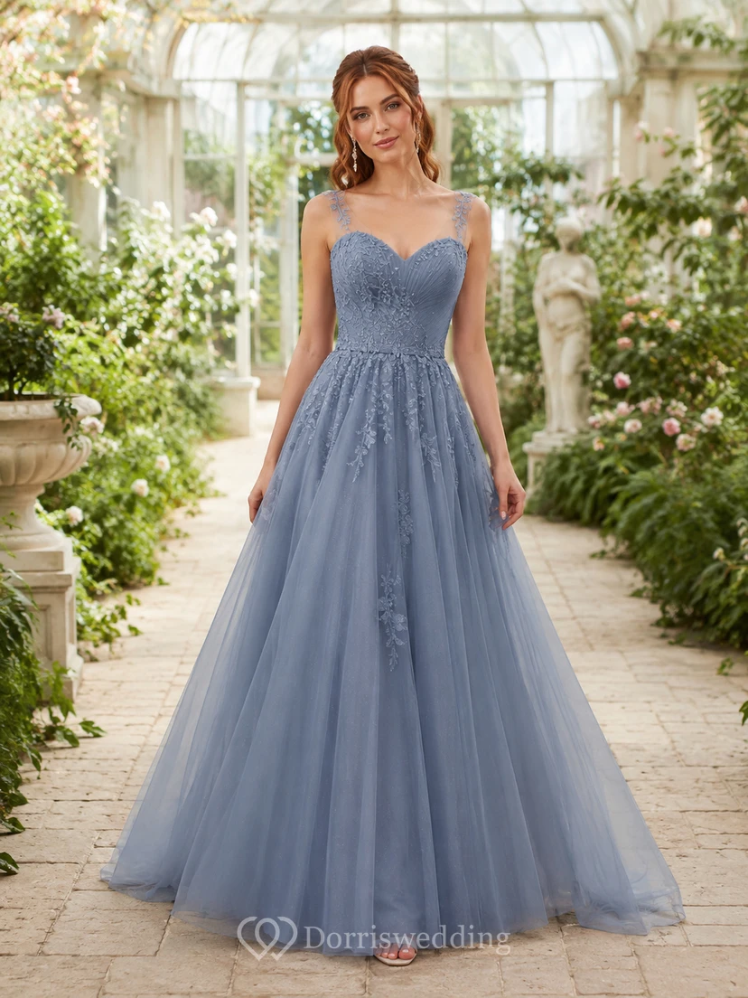 Stahlblaues Spaghetti-Tüll-Abendkleid in A-Linie
