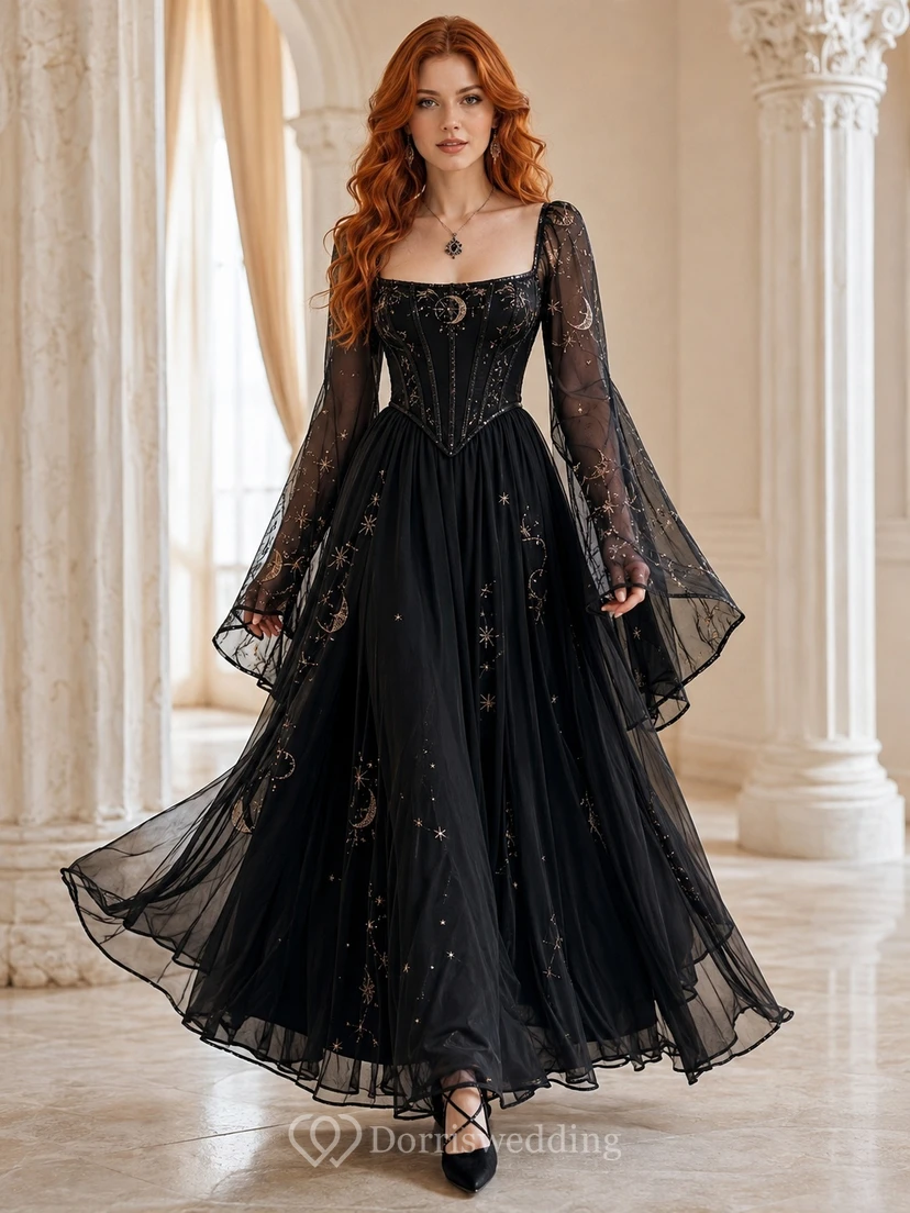 Black Square-Neck Long-Sleeve Lace Tulle A-Line Floor-length Bell-Sleeve Beaded Formal Gown