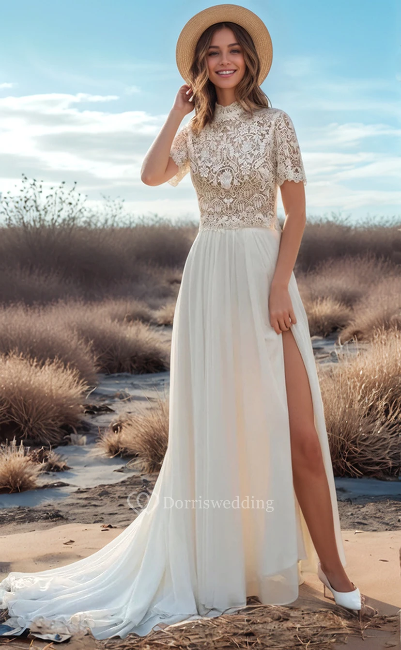 Vestido de novia informal de dos piezas, de cuello semialto y manga corta, con top de encaje. view 5