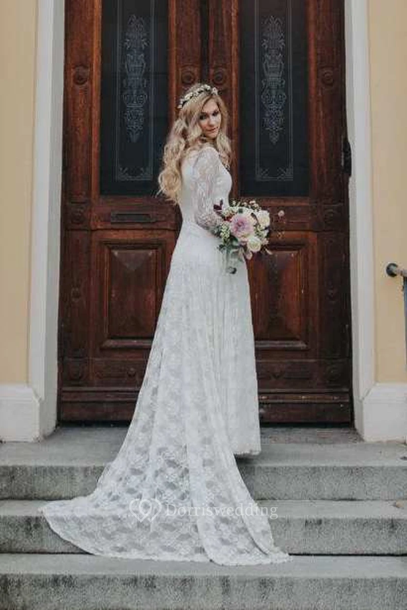 Vestido de novia de gasa, jersey, satén, fajín, cinta y encaje view 5