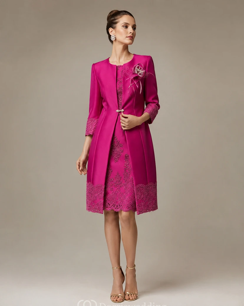 Jewel A-line Knee-length 3-4 Length Sleeve Satin Mother of the Bride Dress with Zipper Back view 12