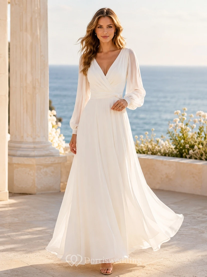 Long Sleeve V-Neck Chiffon A-Line Beach Wedding Dress