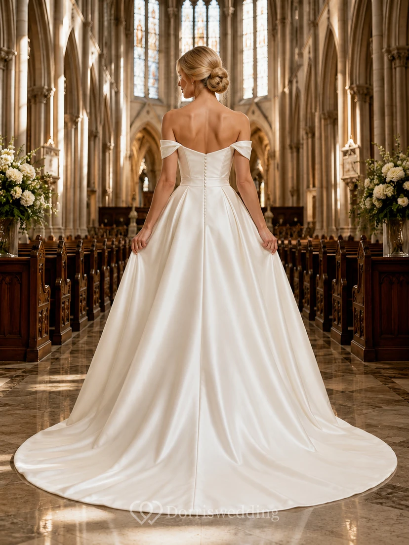 Off Shoulder Sweetheart Satin A Line Cathedral Train Wedding Dress view 2
