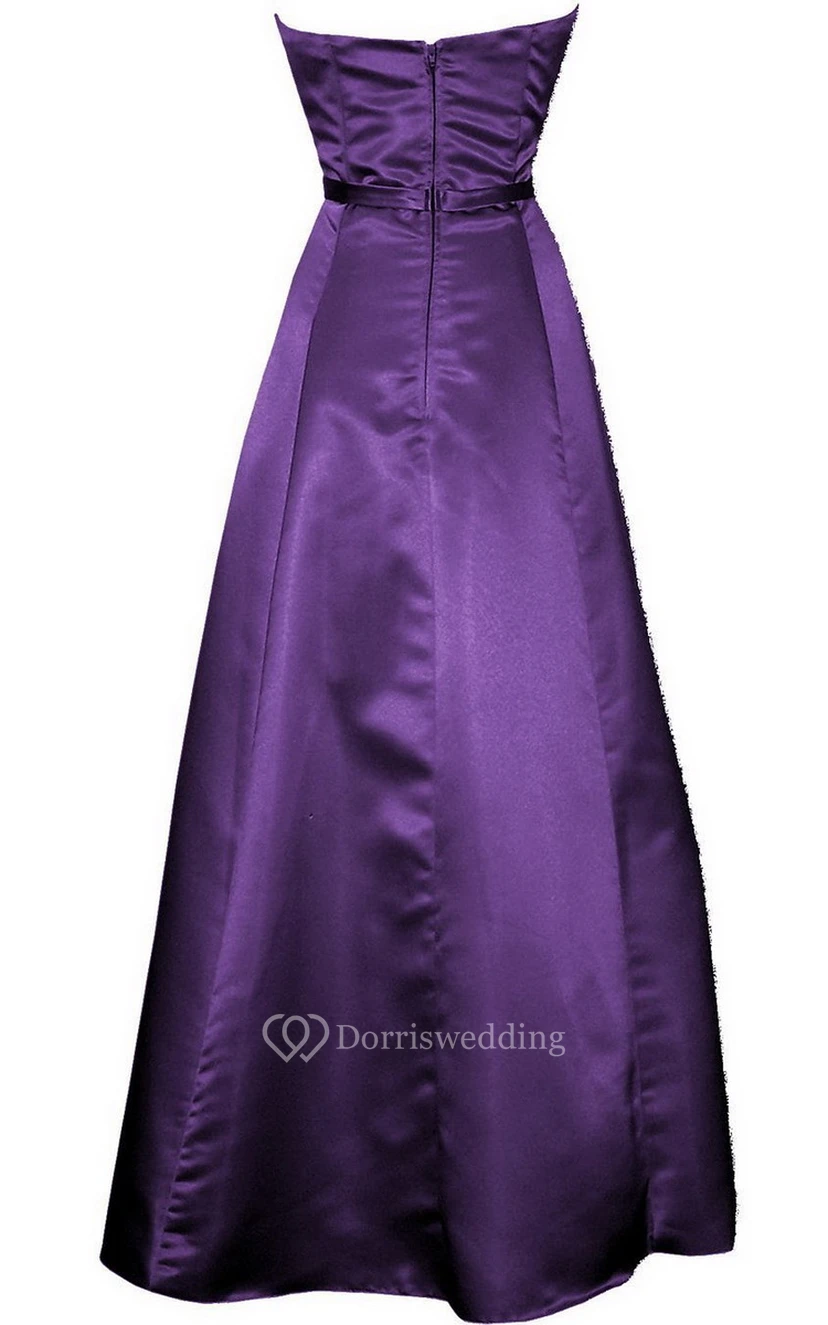 Strapless Long Satin Dress With Sash and Ruching view 3