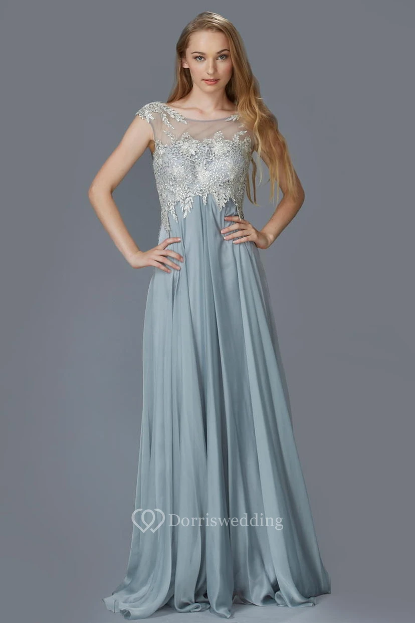 A-Line Bateau Short Sleeve Chiffon Low-V Back Dress With Appliques And Pleats