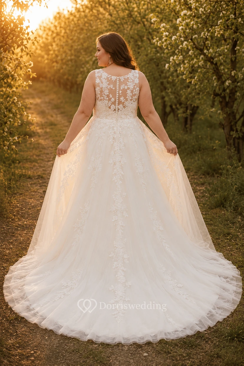 Plus Size Ivory High Neck Lace Bodice Tulle Ball Gown Wedding Dress view 2