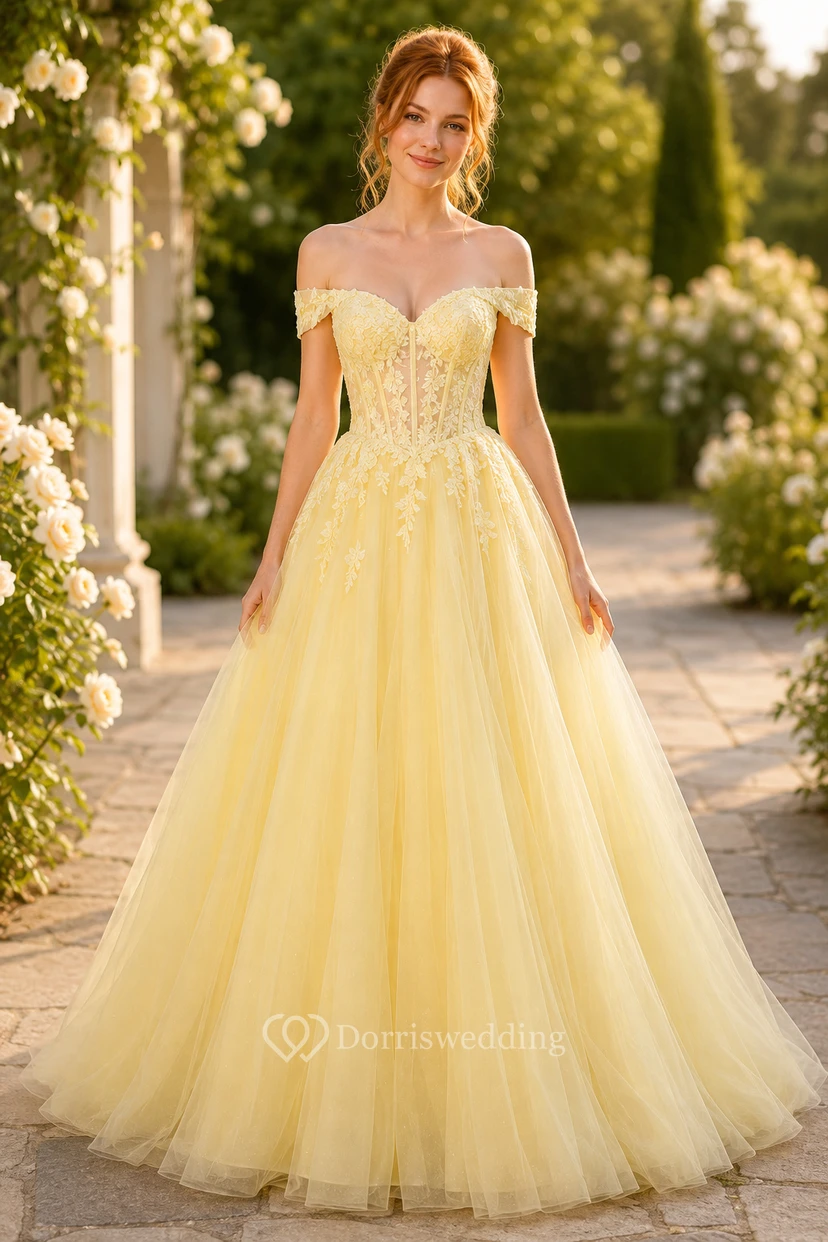 Ballkleid in Narzissengelb, aus Spitze und Tüll, schulterfrei, kurze Ärmel, bodenlang