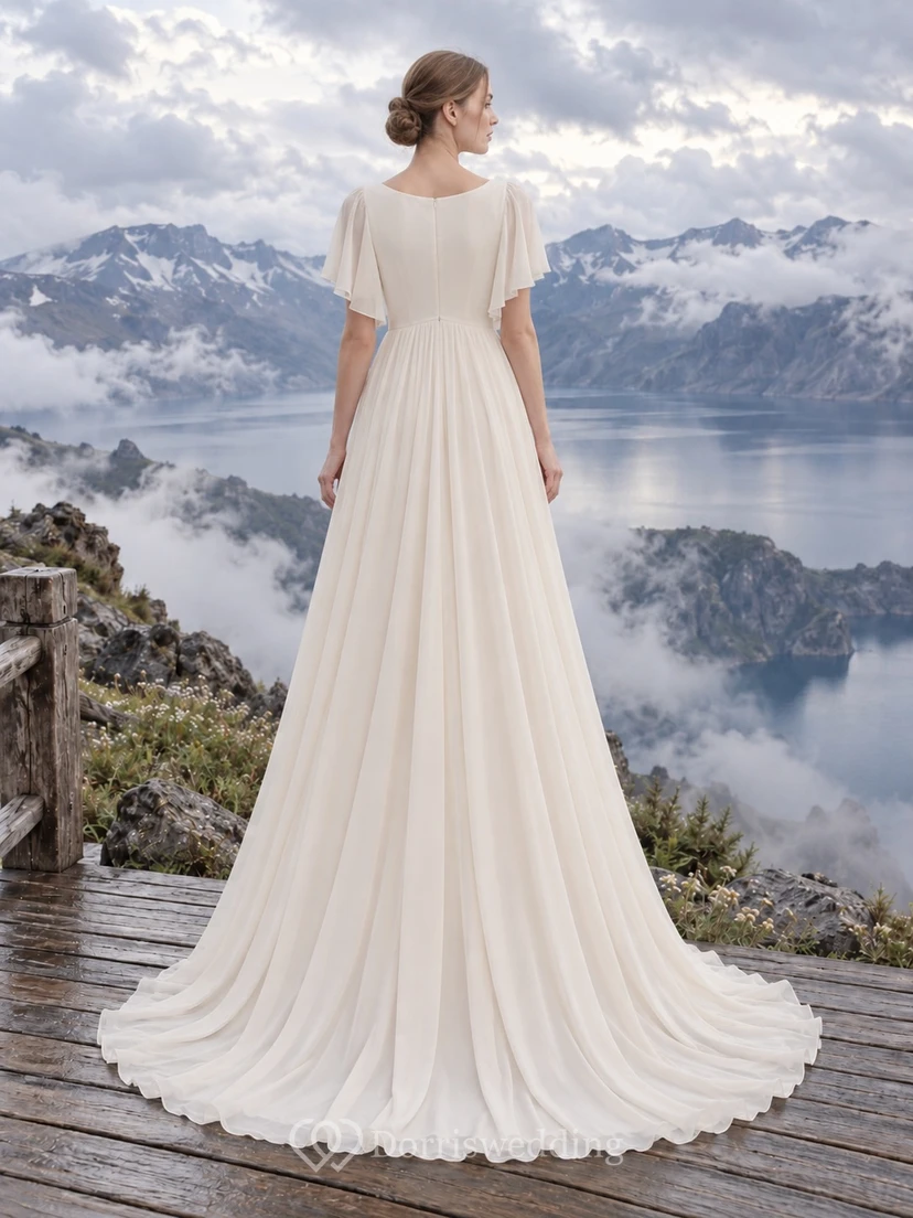 Vestido de novia sencillo y modesto de gasa con cuello alto y manga corta, corte en A view 2