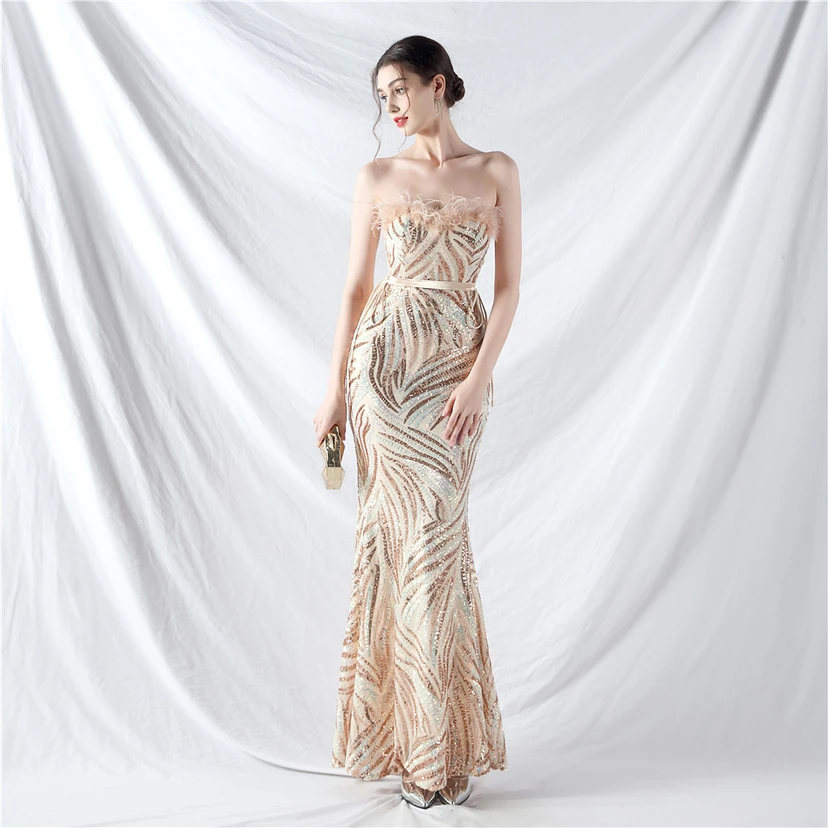 Double-Binding Rope-Binding Craft-Made Ostrich Feather Encrypted Laminated Beads High-End Evening Dress view 54