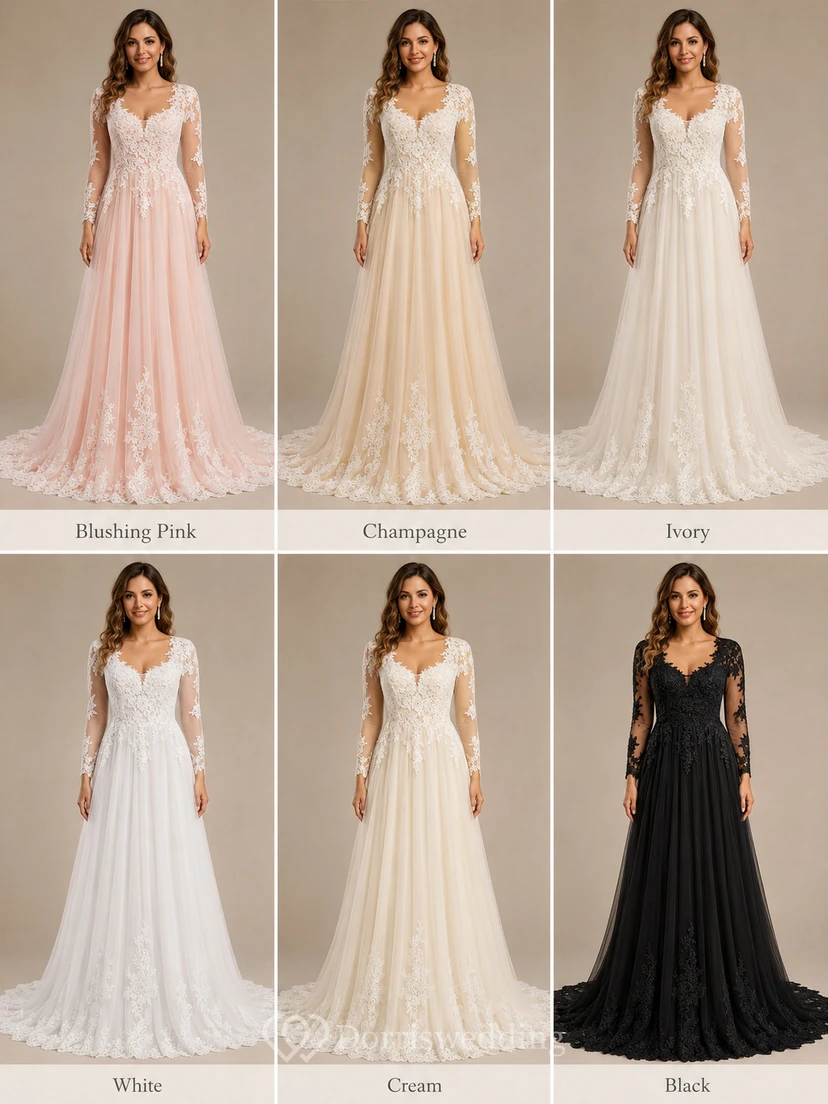 Robe de mariée vintage plissée en tulle, coupe trapèze, col en V, manches longues illusion, dentelle appliquée, tulle et dentelle, robe de mariée trapèze à manches longues plissée. view 8