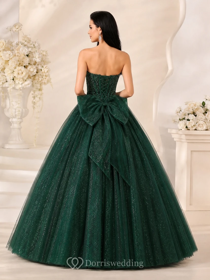 Vestido de fiesta largo hasta el suelo, sin tirantes, de tul brillante, color verde oscuro, estilo princesa. view 2