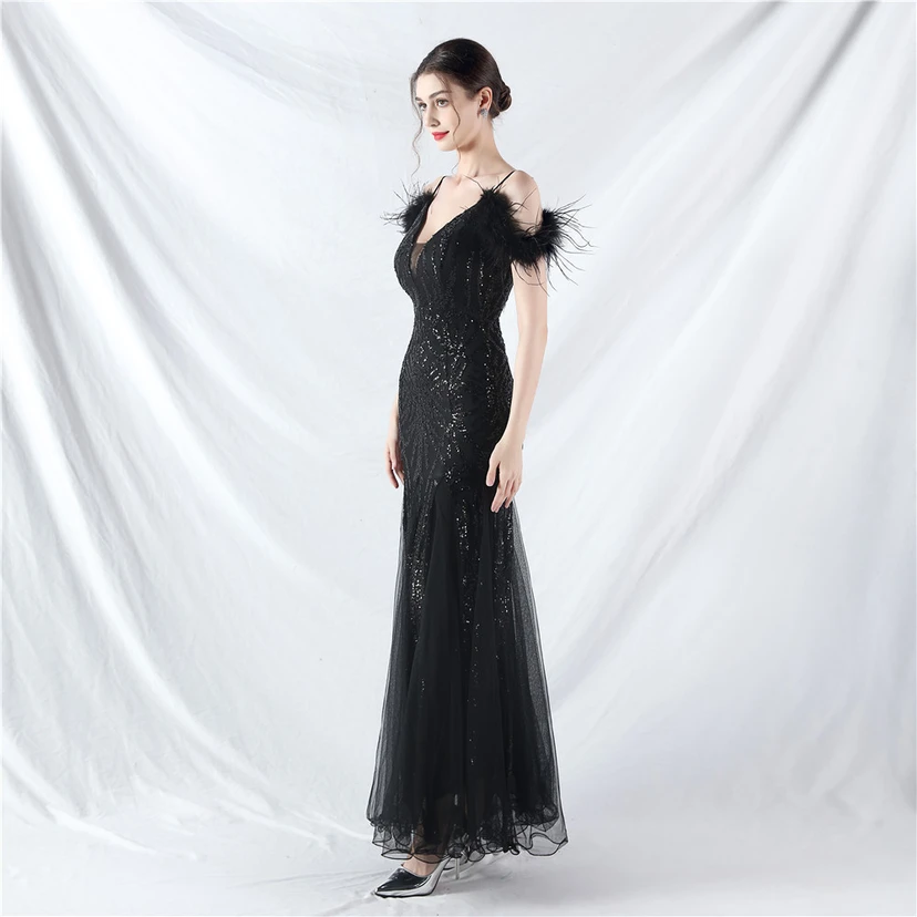 9-farbiges, handgefertigtes Abendkleid aus Kamelfedern, Netzstoff und Pailletten, sexy Trägern view 42