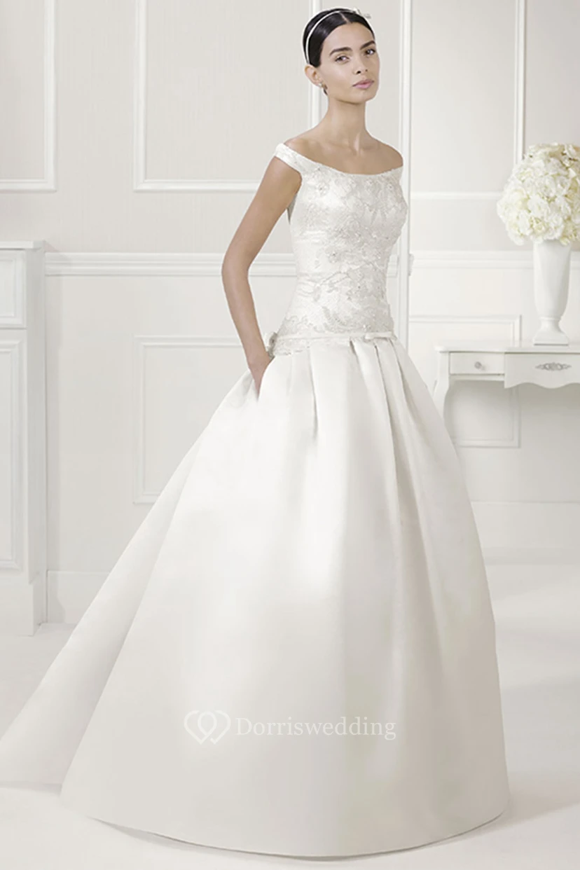 Off Shoulder Drop Waist Satin Bridal Ball Gown With Bow Sash