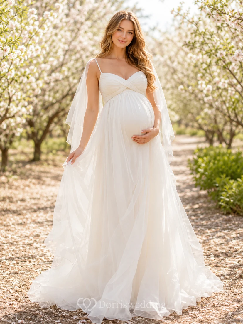 Robe de mariée de maternité à bretelles spaghetti et dos drapé, style verger