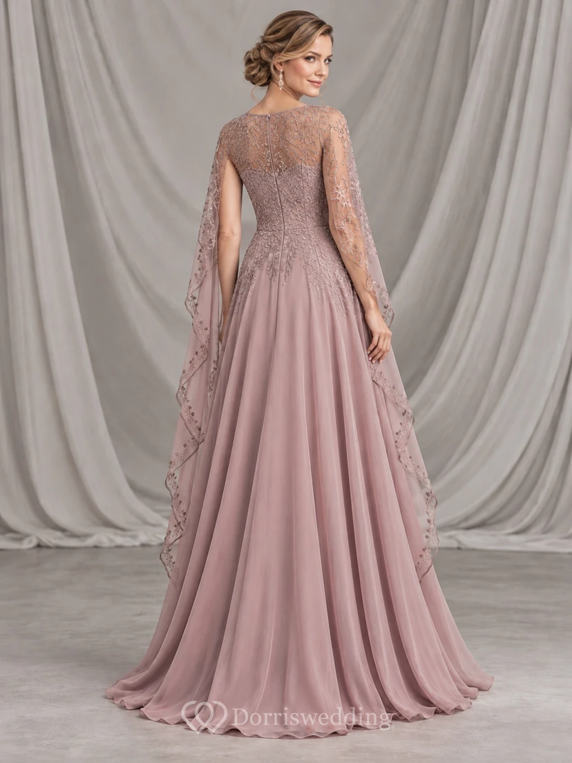 Vintage Mauve Illusion Lace Cape Back Flowing Formal Evening Gown view 2