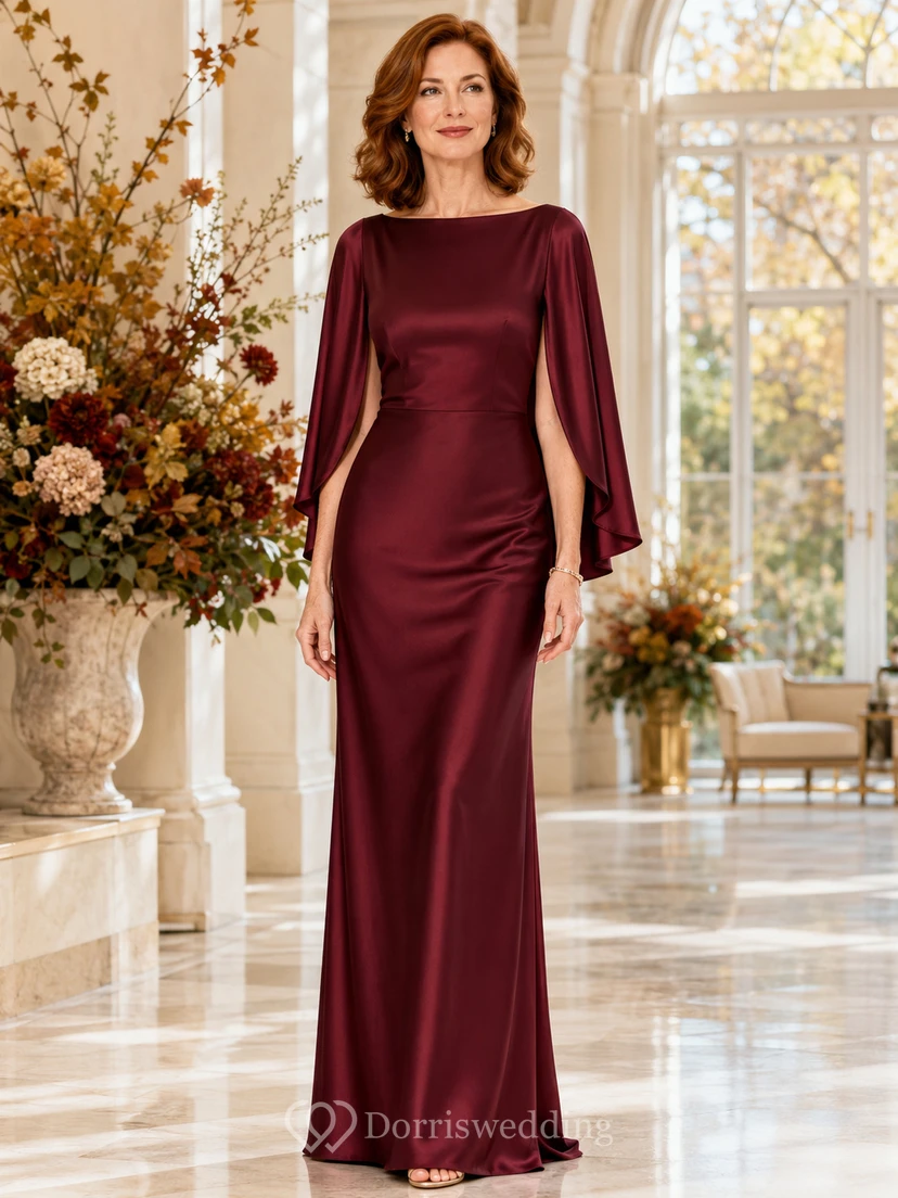 Burgunderrotes, modernes, bodenlanges Etuikleid aus Satin mit U-Boot-Ausschnitt, langen, geschlitzten Cape-Ärmeln und Herbst-Fassadenkleid für die Mutter des Bräutigams