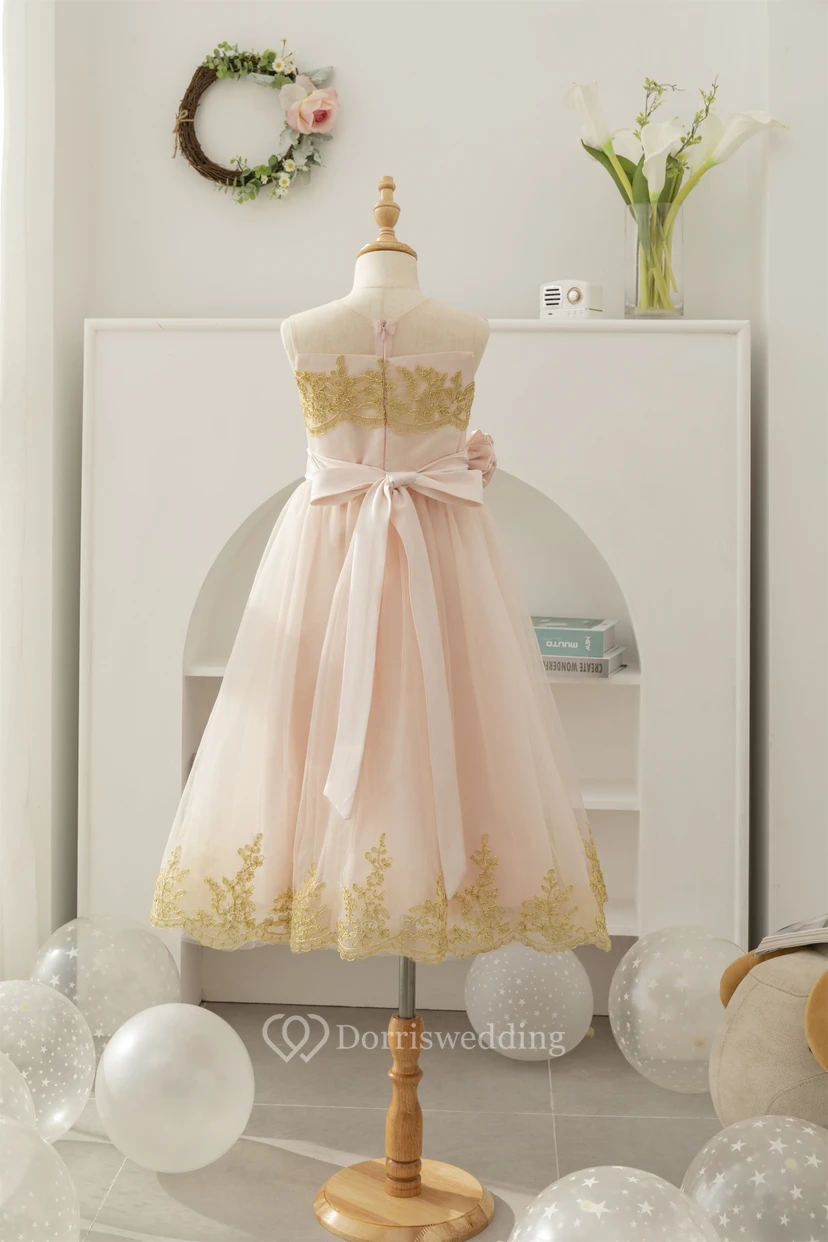 Jewel-neck Two-Tone Applique A-line Tulle Empire Flowergirl Dress view 2