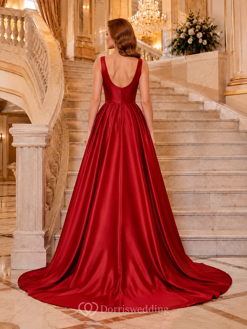 Red Square Neck Straps Satin Ball Gown Wedding Dress view 2