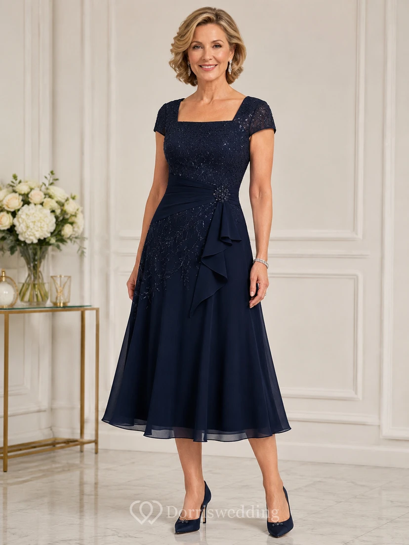 Dark Navy Square Neck Tea Length Mother Dress Dark Navy Square A-Line Tea-length